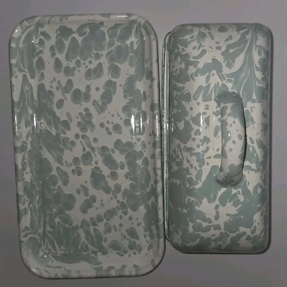Creative Co-Op Mint Green Splatterware Enamel Covered Butter Dish Farmhouse